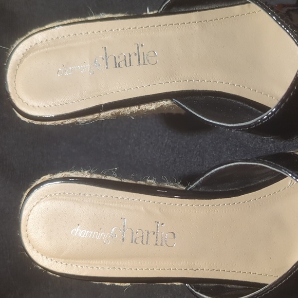 Charming Charlie "Ronat-13" Black Patent Leather Espadrilles Wedge Heel Size 8 - Picture 2 of 10